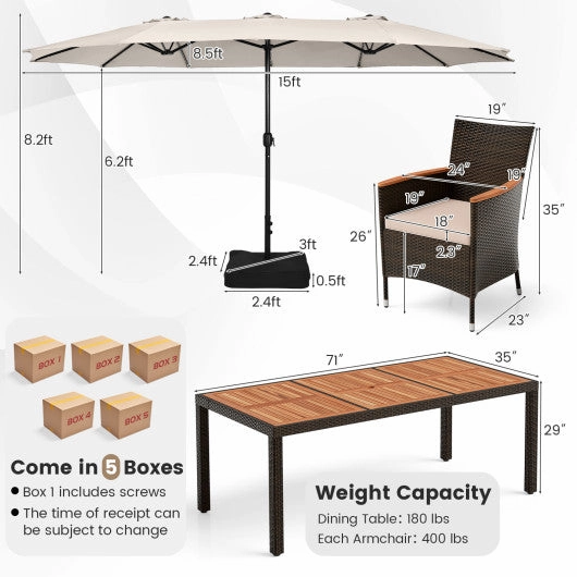 11 Pieces Patio Dining Set With 15 Feet Double-Sided Patio Umbrella and Base-Beige