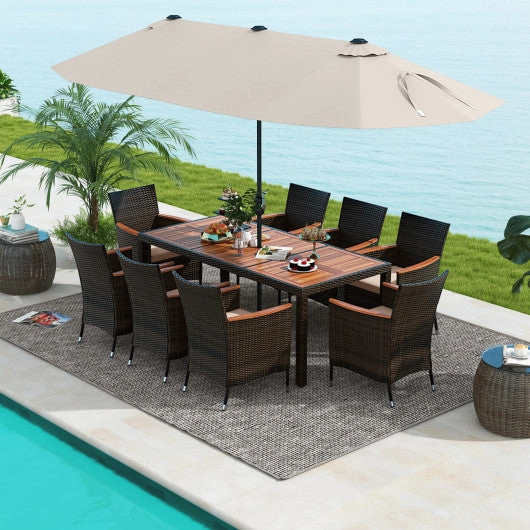 11 Pieces Patio Dining Set With 15 Feet Double-Sided Patio Umbrella and Base-Beige