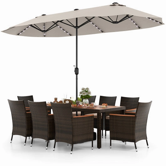 11 Pieces Patio Dining Set With 15 Feet Double-Sided Patio Umbrella and Base-Beige