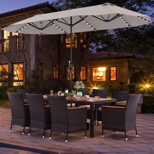 11 Pieces Patio Dining Set With 15 Feet Double-Sided Patio Umbrella and Base-Beige