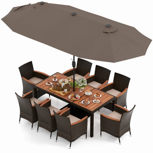 11 Pieces Patio Dining Set With 15 Feet Double-Sided Patio Umbrella and Base-Coffee