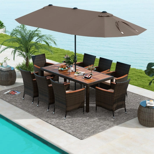 11 Pieces Patio Dining Set With 15 Feet Double-Sided Patio Umbrella and Base-Coffee
