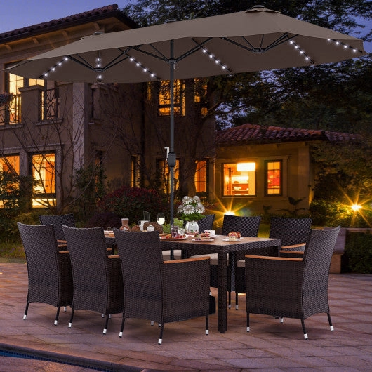 11 Pieces Patio Dining Set With 15 Feet Double-Sided Patio Umbrella and Base-Coffee