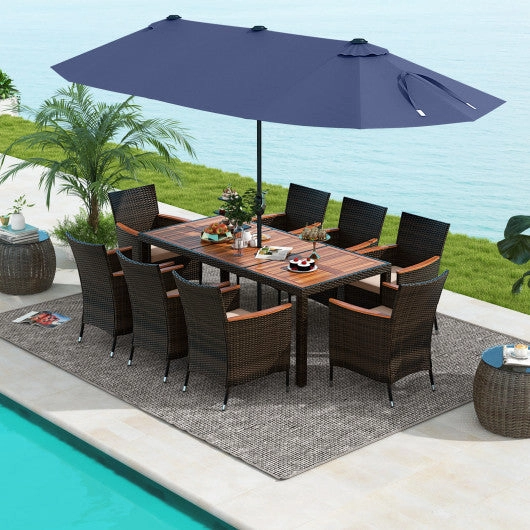 11 Pieces Patio Dining Set With 15 Feet Double-Sided Patio Umbrella and Base-Navy
