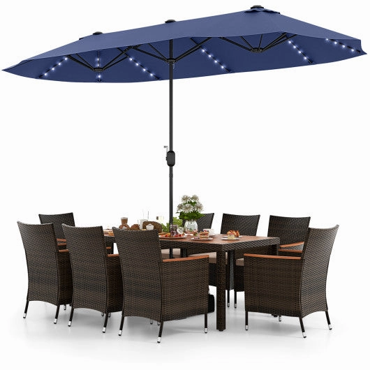11 Pieces Patio Dining Set With 15 Feet Double-Sided Patio Umbrella and Base-Navy