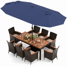 11 Pieces Patio Dining Set With 15 Feet Double-Sided Patio Umbrella and Base-Navy