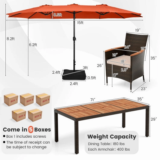 11 Pieces Patio Dining Set With 15 Feet Double-Sided Patio Umbrella and Base-Orange
