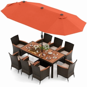 11 Pieces Patio Dining Set With 15 Feet Double-Sided Patio Umbrella and Base-Orange