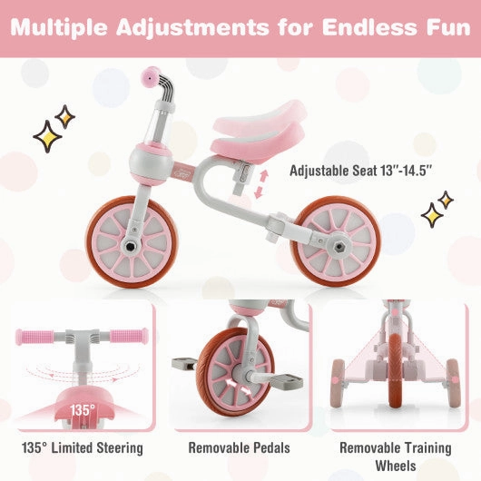4-in-1 Kids Trike Bike With Adjustable Parent Push Handle and Seat Height-Pink