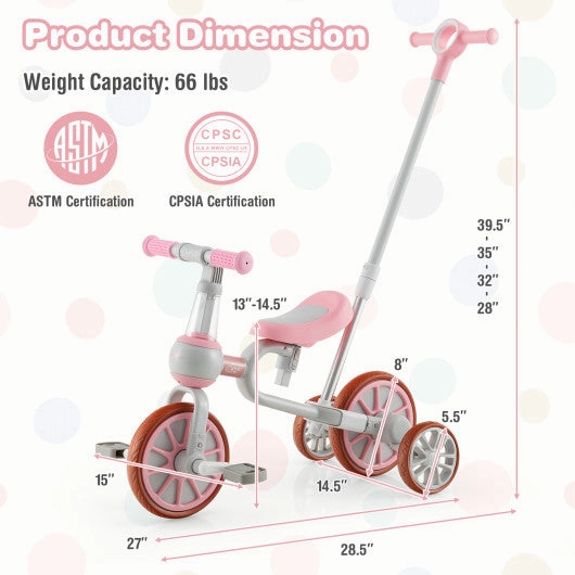4-in-1 Kids Trike Bike With Adjustable Parent Push Handle and Seat Height-Pink