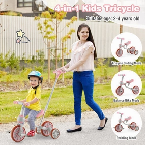4-in-1 Kids Trike Bike With Adjustable Parent Push Handle and Seat Height-Pink