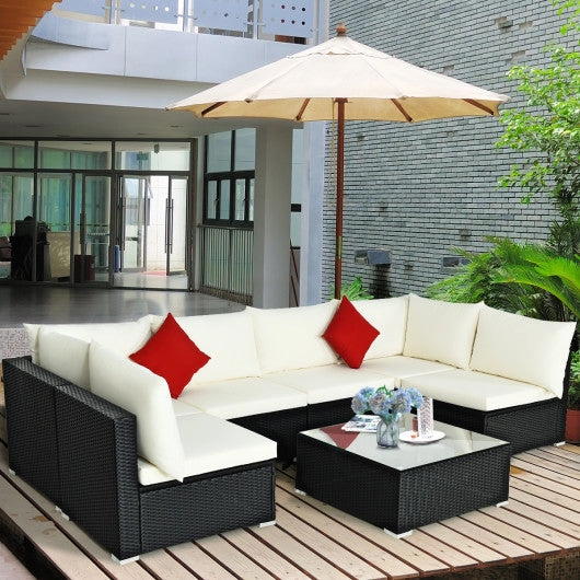 7-Piece Outdoor Sectional Wicker Patio Sofa Set With Tempered Glass Top-Beige