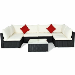7-Piece Outdoor Sectional Wicker Patio Sofa Set With Tempered Glass Top-Beige
