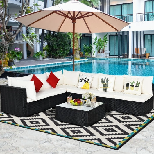 7-Piece Outdoor Sectional Wicker Patio Sofa Set With Tempered Glass Top-Beige