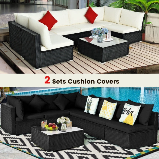 7 Pieces Sectional Wicker Furniture Sofa Set With Tempered Glass Top-Black & White