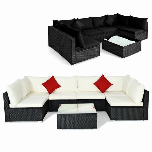 7 Pieces Sectional Wicker Furniture Sofa Set With Tempered Glass Top-Black & White