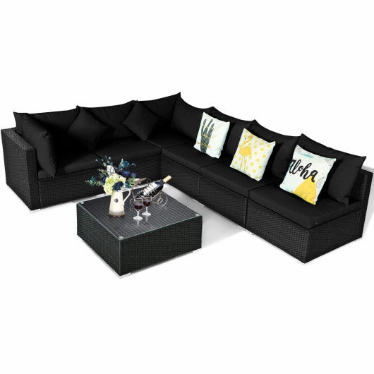 7 Pieces Sectional Wicker Furniture Sofa Set With Tempered Glass Top-Black & White
