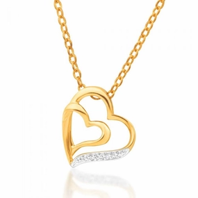9ct Elegant Yellow Gold 2 Diamonds Heart Pendant