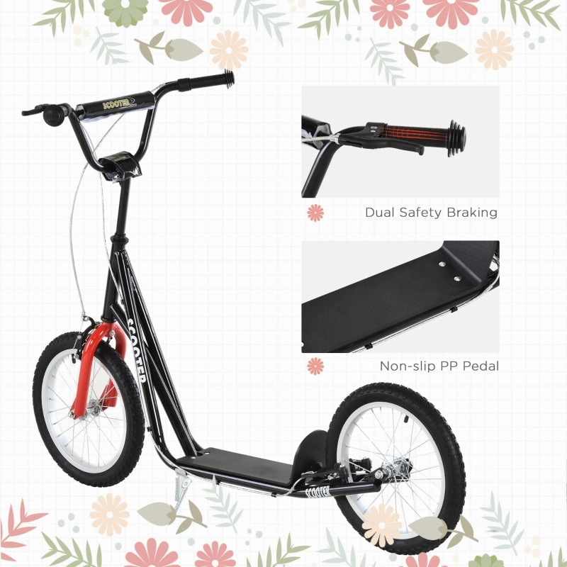 Aosom Youth Scooter Kick Scooter for Kids 5  with Adjustable Handlebar 16" Front and Rear Dual Brakes Inflatable Wheels, Black