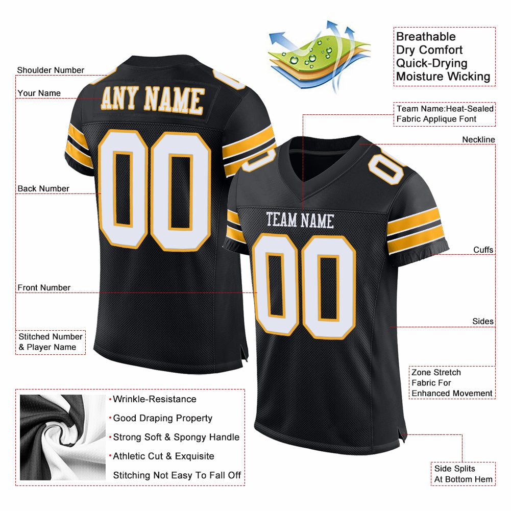 Custom Black White-Gold Mesh Authentic Football Jersey
