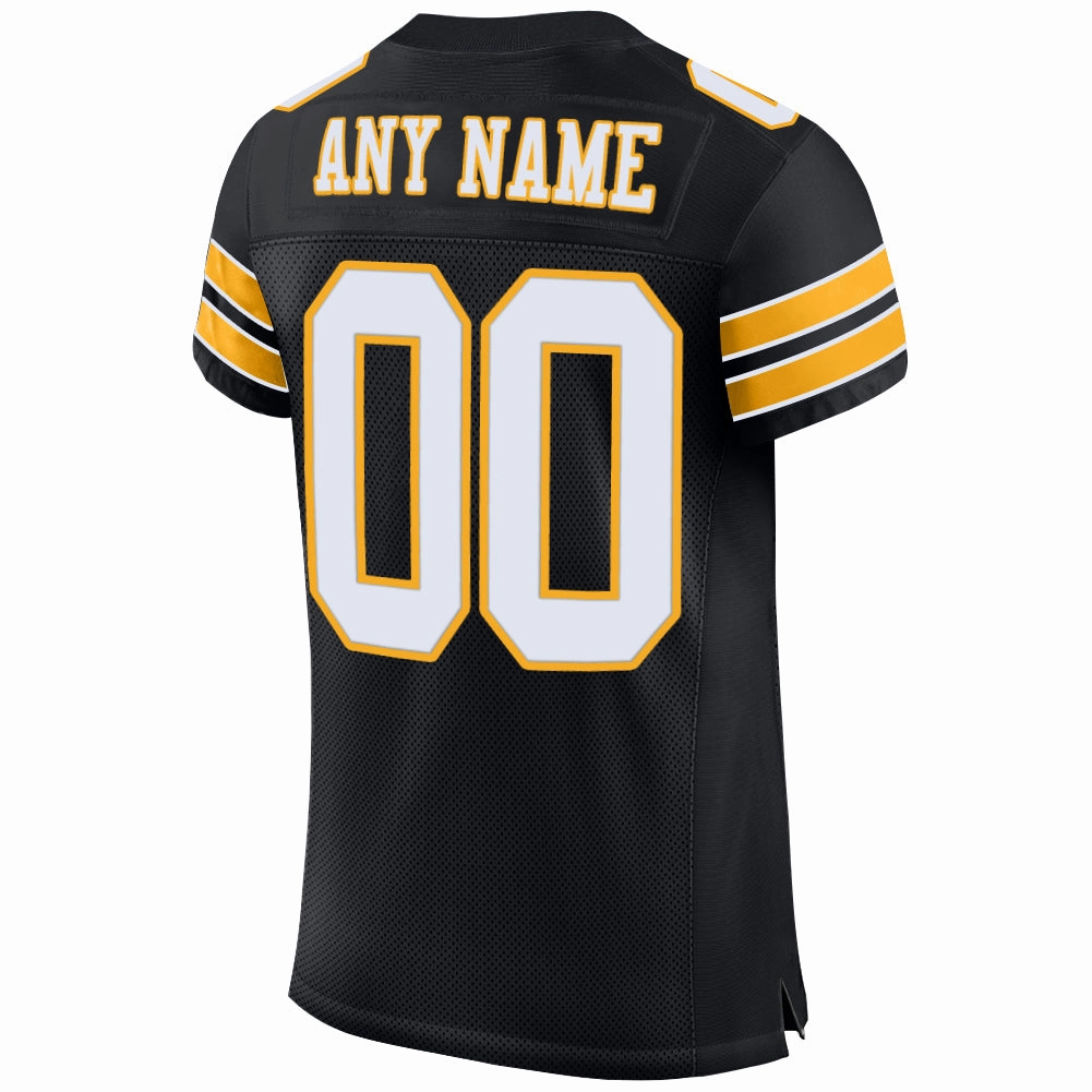 Custom Black White-Gold Mesh Authentic Football Jersey