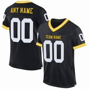 Custom Black White-Gold Mesh Authentic Throwback Football Jersey