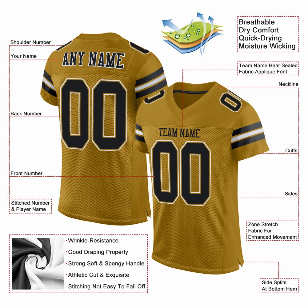 Custom Old Gold Black-White Mesh Authentic Football Jersey