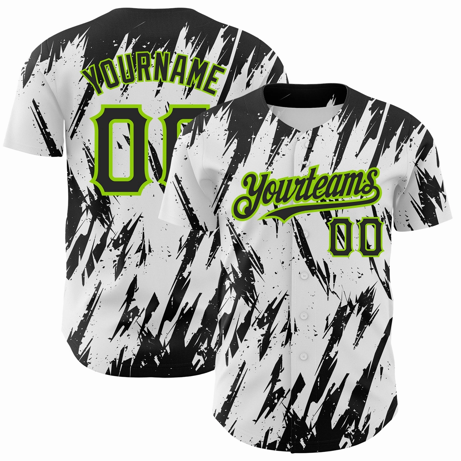 Custom White Black-Neon Green 3D Pattern Design Abstract Sharp Shape Authentic Baseball Jersey