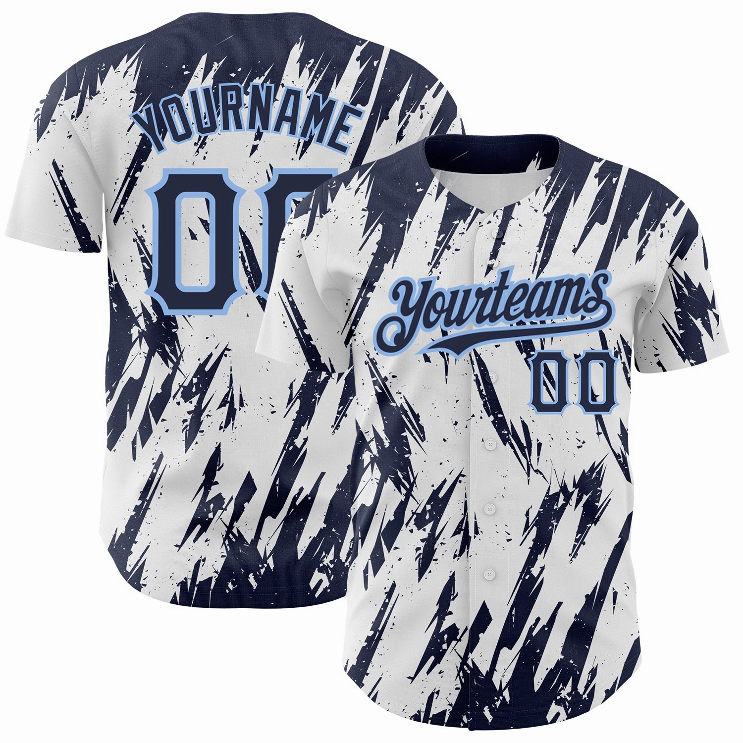 Custom White Navy-Light Blue 3D Pattern Design Abstract Sharp Shape Authentic Baseball Jersey