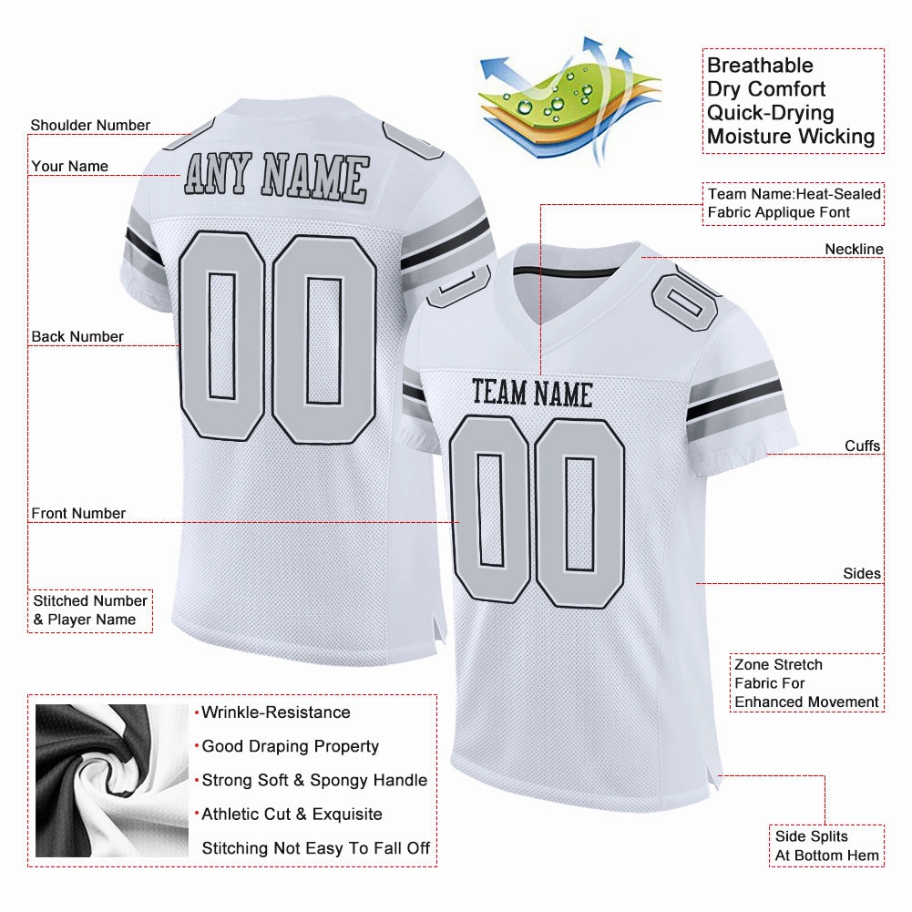 Custom White Silver-Black Mesh Authentic Football Jersey