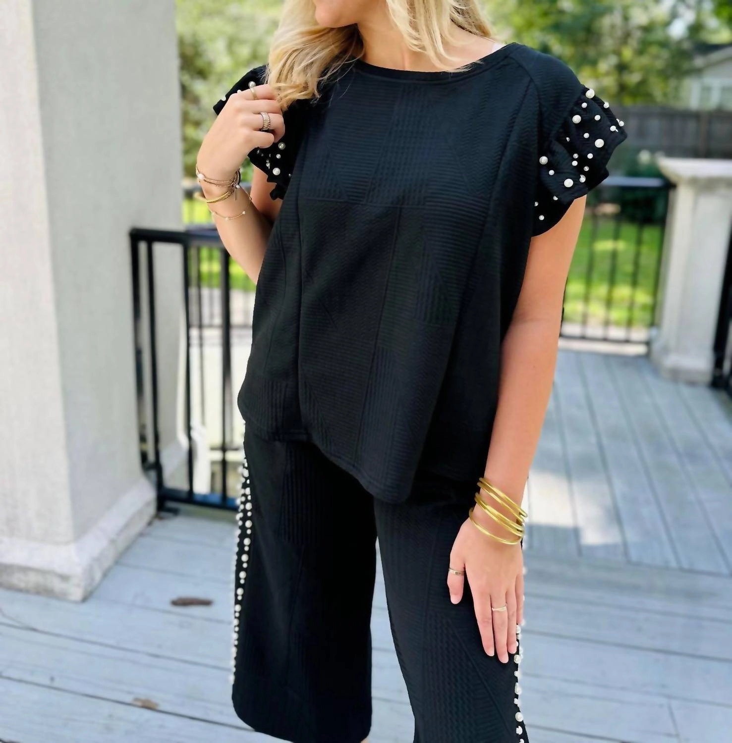 Knit Jacquard Pearl Detail Set In Black