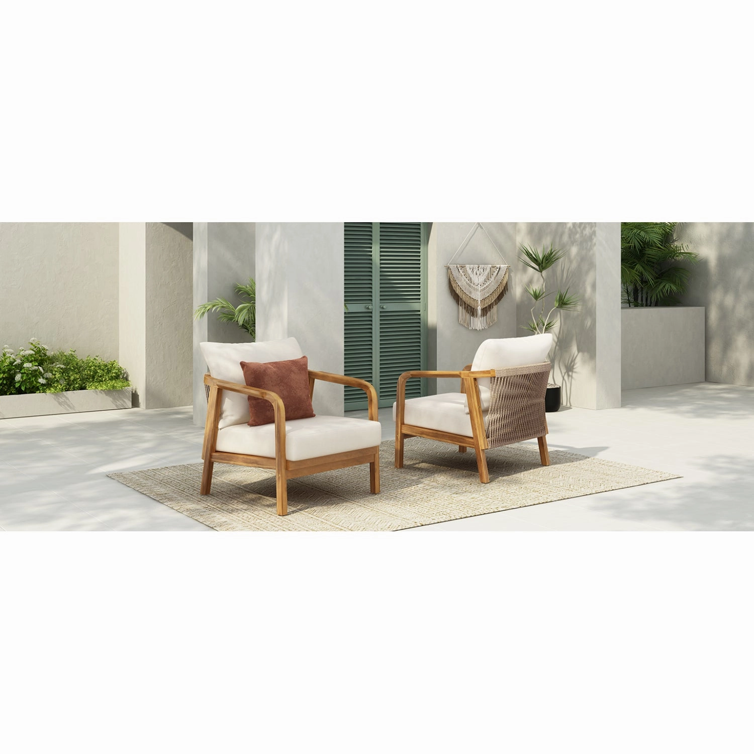 Streamdale 2x 28" Outdoor Lounge Chairs - Woven Back, Wood Frame, Cushions