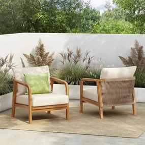 Streamdale 2x 28" Outdoor Lounge Chairs - Woven Back, Wood Frame, Cushions