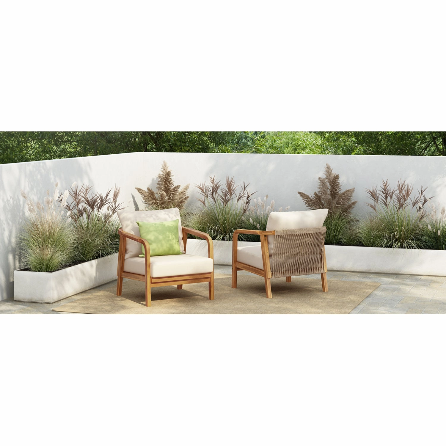 Streamdale 2x 28" Outdoor Lounge Chairs - Woven Back, Wood Frame, Cushions