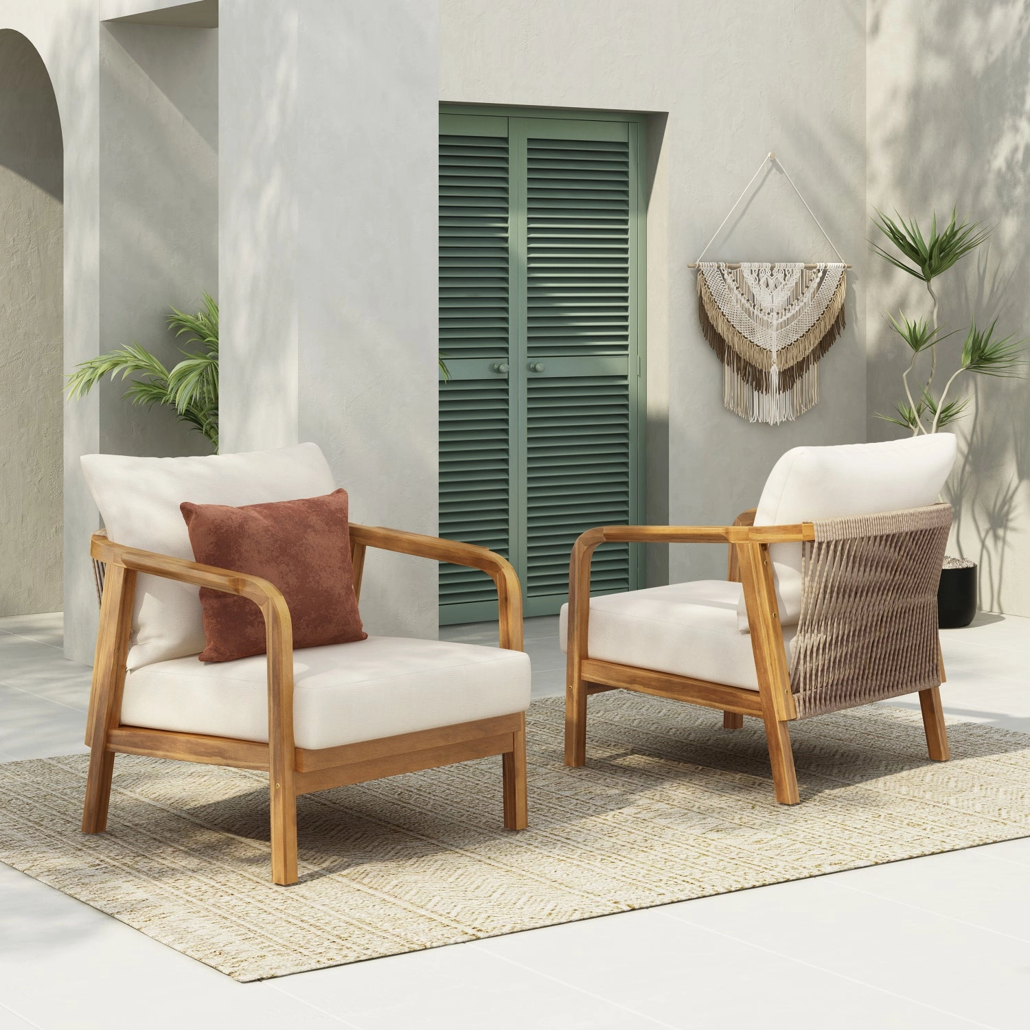 Streamdale 2x 28" Outdoor Lounge Chairs - Woven Back, Wood Frame, Cushions