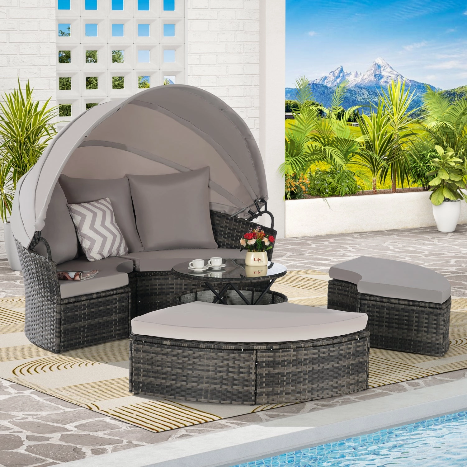 Streamdale 5pc Outdoor Patio Daybed Set Retractable Canopy & Cushions