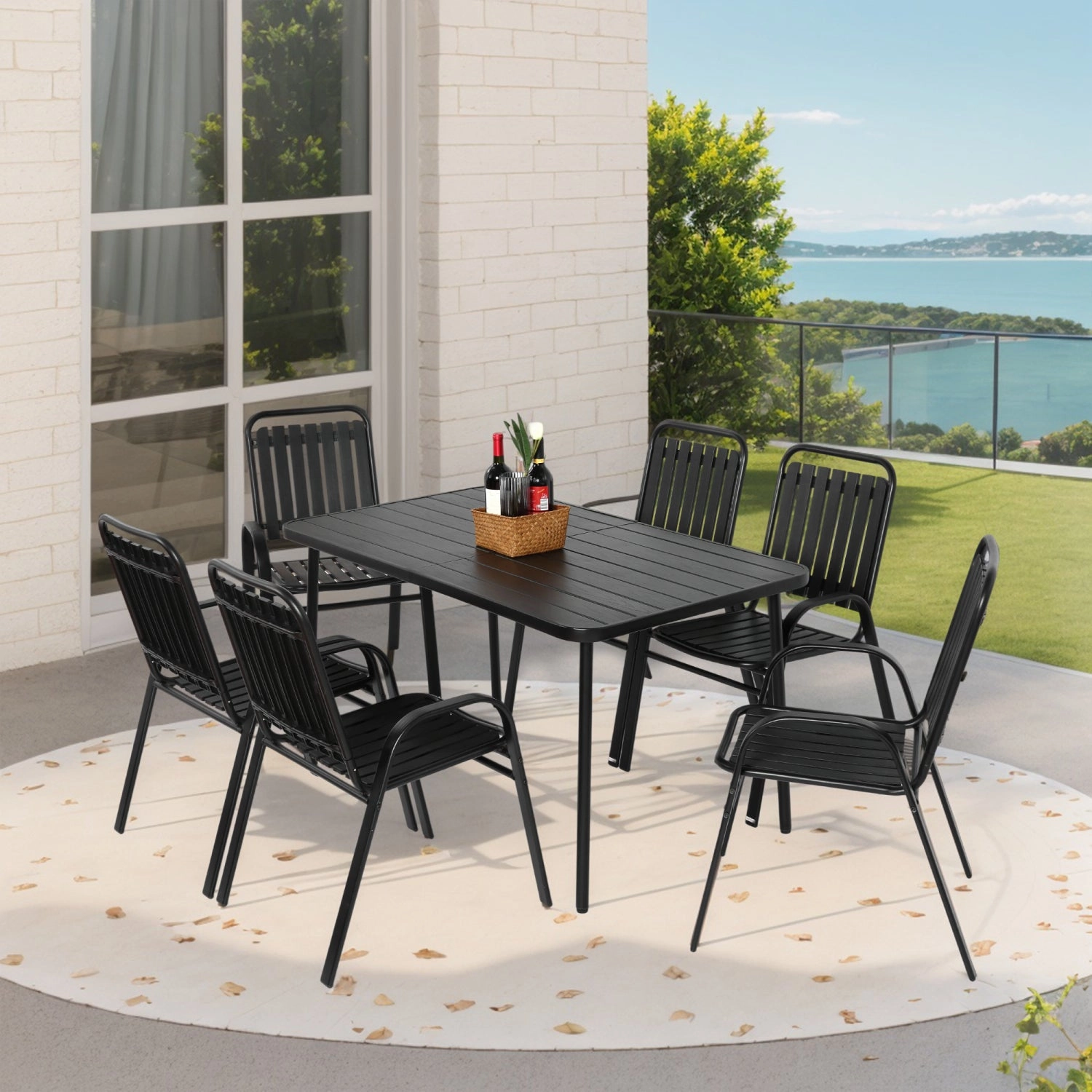 Streamdale 7pc Patio Dining Set, Plastic Chairs & Steel Table, Black