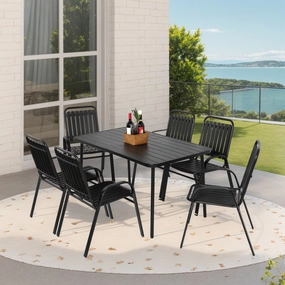 Streamdale 7pc Patio Dining Set, Plastic Chairs & Steel Table, Black