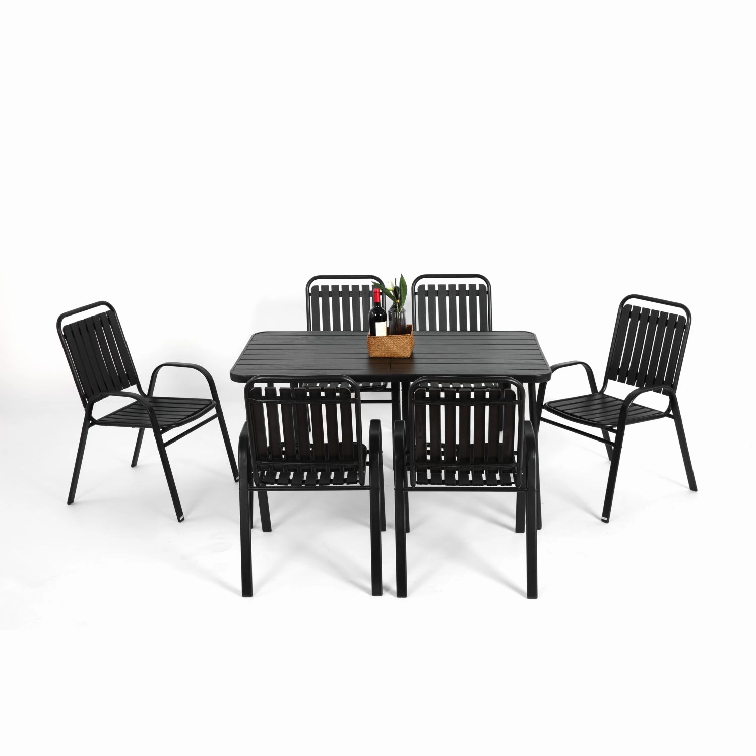 Streamdale 7pc Patio Dining Set, Plastic Chairs & Steel Table, Black