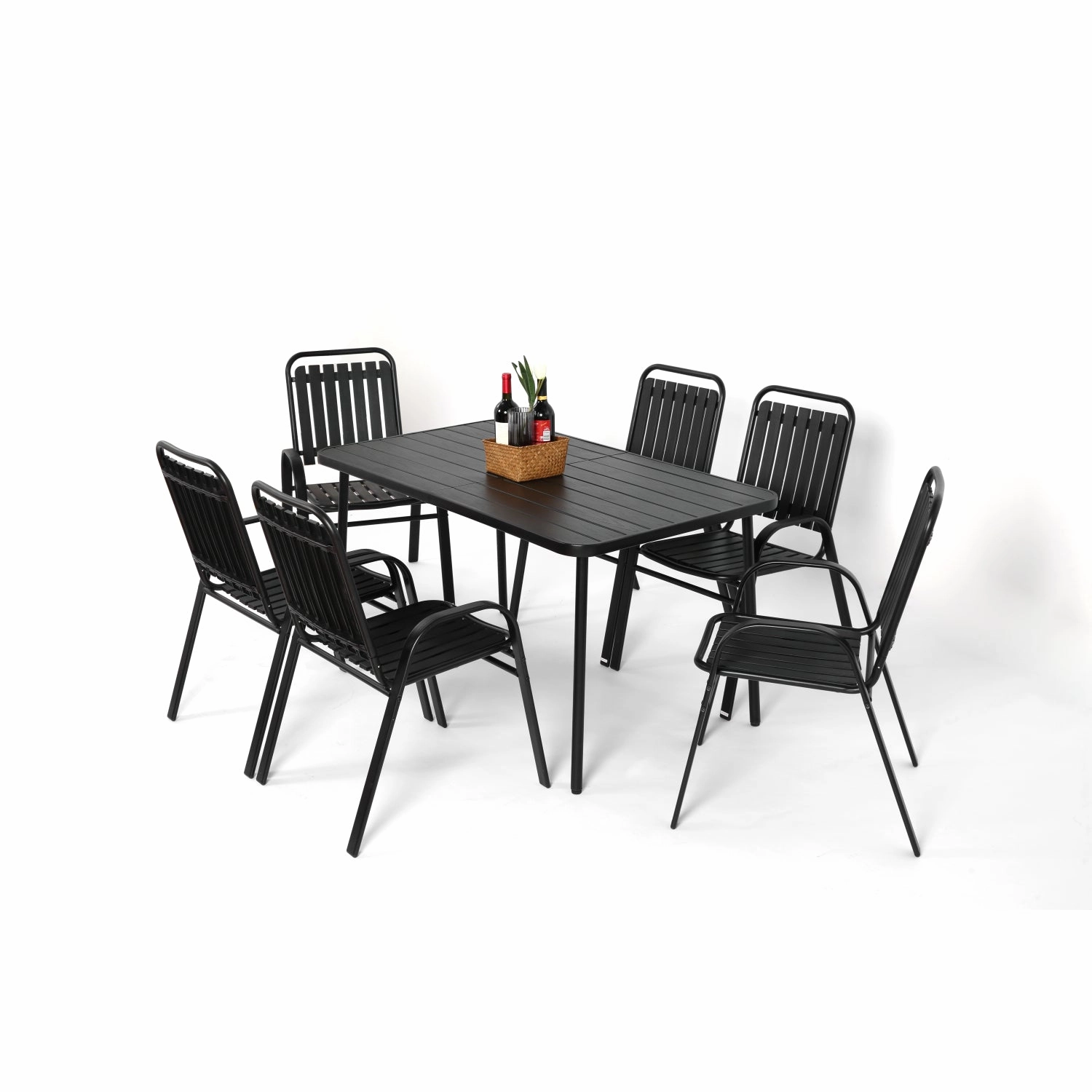 Streamdale 7pc Patio Dining Set, Plastic Chairs & Steel Table, Black