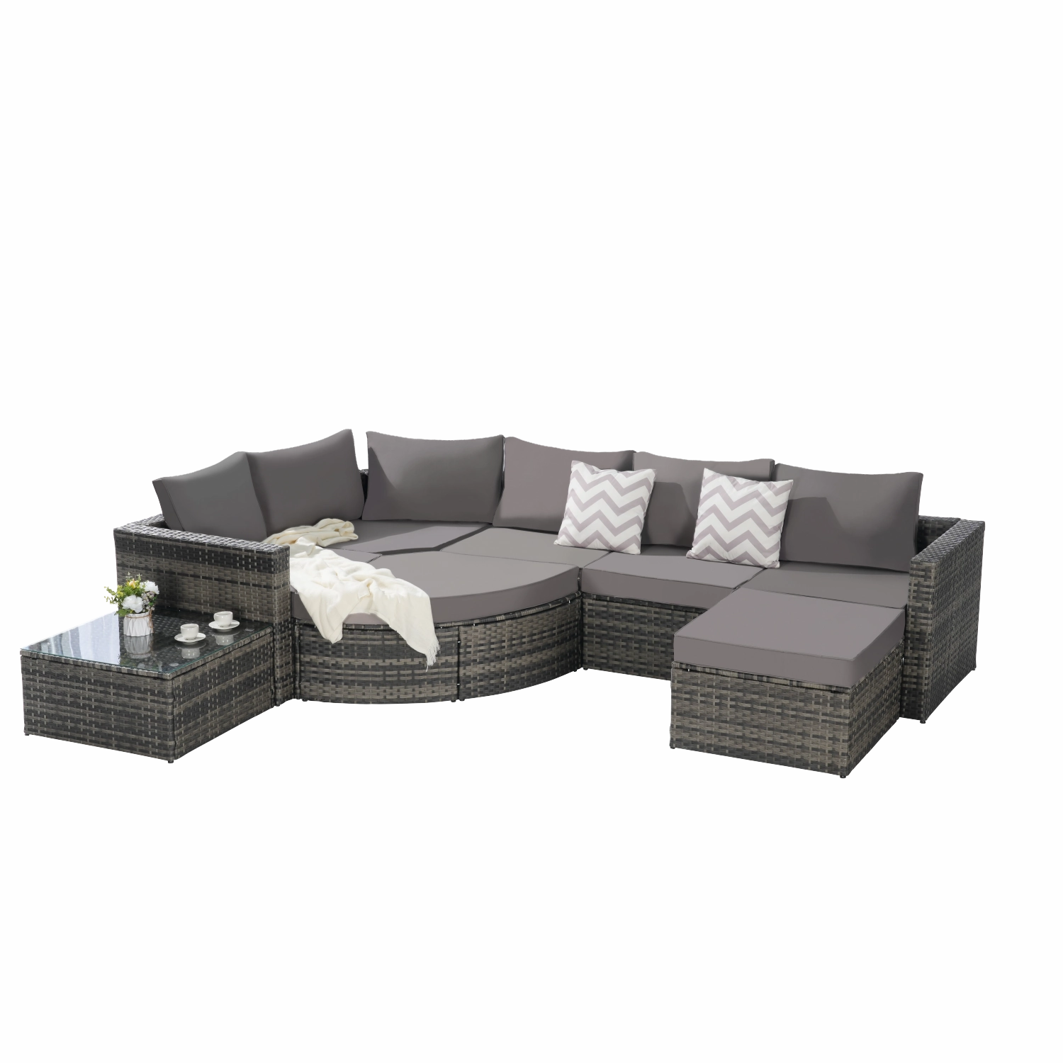 Streamdale 8pc Outdoor Patio Sofa Set, Wicker Sectional with Ottoman & Table