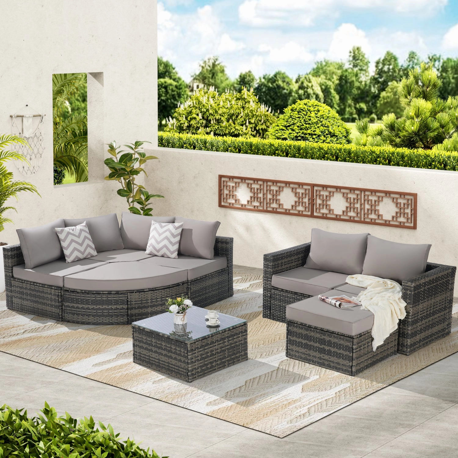 Streamdale 8pc Outdoor Patio Sofa Set, Wicker Sectional with Ottoman & Table