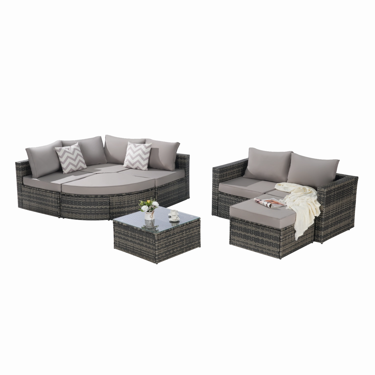 Streamdale 8pc Outdoor Patio Sofa Set, Wicker Sectional with Ottoman & Table