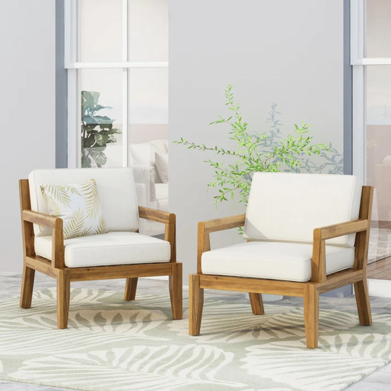 Streamdale Acacia Patio Club Chairs (Set of 2), Teak Finish, Beige Cushions