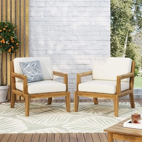 Streamdale Acacia Patio Club Chairs (Set of 2), Teak Finish, Beige Cushions