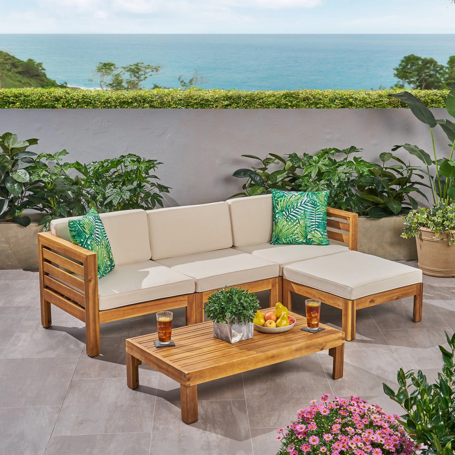Streamdale Acacia Wood Outdoor Sofa Set with Ottoman & Table
