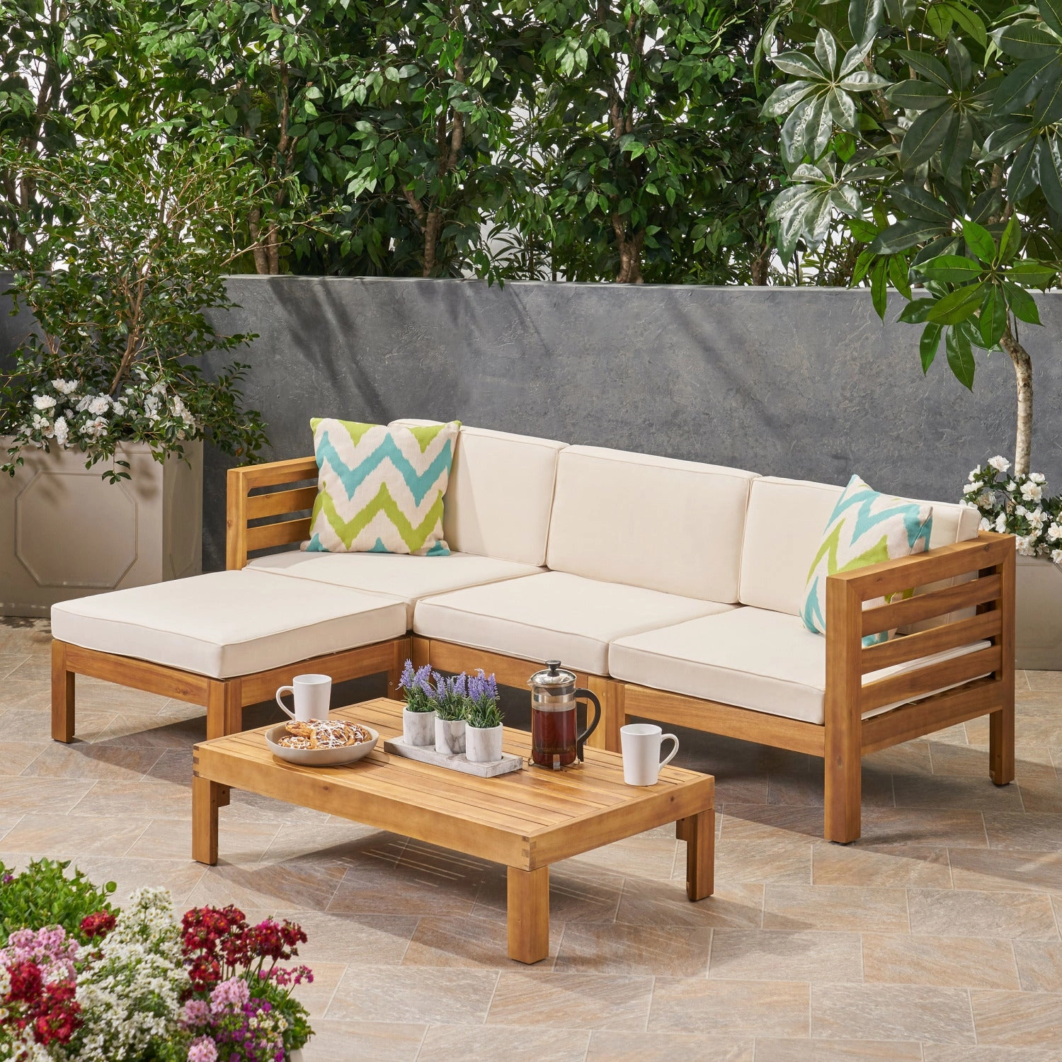 Streamdale Acacia Wood Outdoor Sofa Set with Ottoman & Table