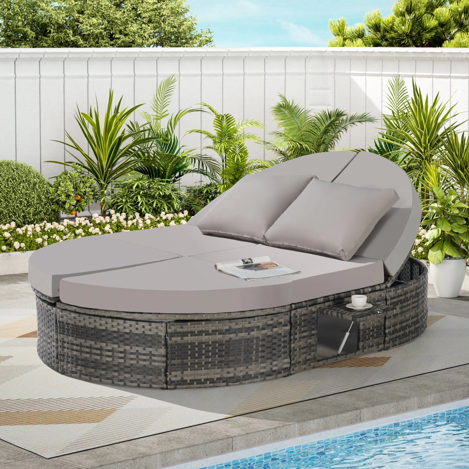 Streamdale Outdoor Round Daybed with Adjustable Back & Tray