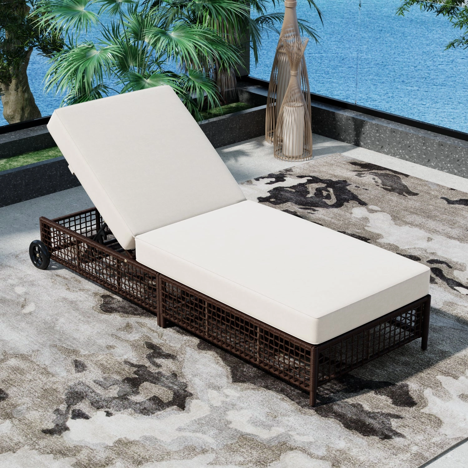 Streamdale Rattan Outdoor Chaise Lounge with Cushion & Wheels