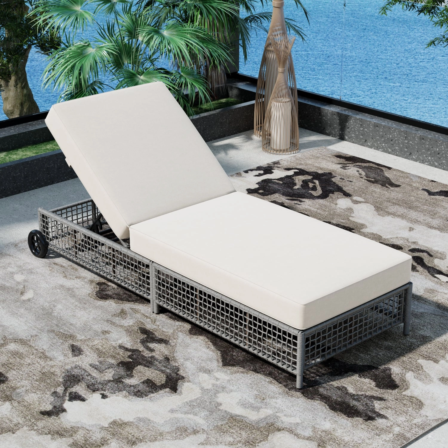 Streamdale Rattan Outdoor Chaise Lounge with Cushion & Wheels